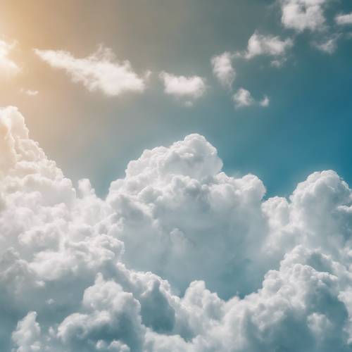 Ráfagas de viento de diseño abstracto y nubes blancas esponjosas sobre un cielo azul tranquilo.