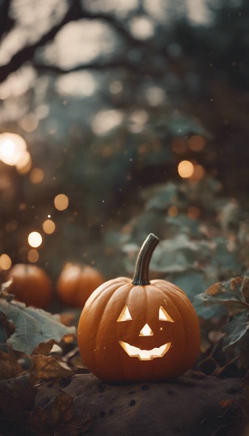 An adorable pumpkin sitting under soft moonlight.