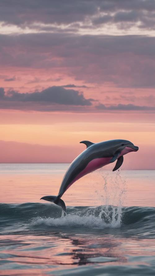 A playful pink dolphin leaping out of a gray ocean at dawn