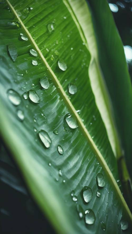 A fresh green banana leaf, glistening with morning dew.
