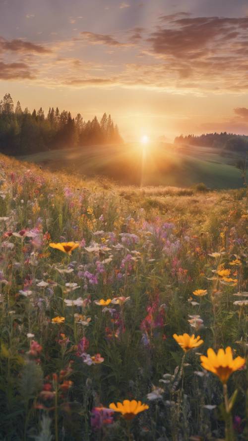 野原の野生の花々に昇る太陽を切り取った大きな壁紙