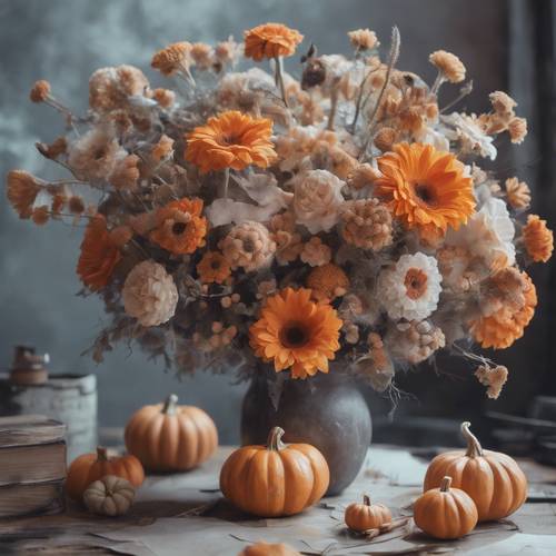 Uno schizzo rilassante, dipinto a pastello, di un bouquet di fiori a tema Halloween e di una serie di zucche in miniatura, adagiato su un tavolo da studio d&#39;arte. Sfondo [b1c4e1c4485444ad85cf]