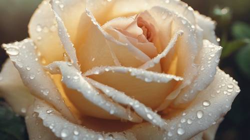 Tampilan close-up yang mendetail dari mawar berwarna krem ​​​​yang sedang mekar penuh. Tetesan embun menempel di kelopak bunga, menangkap sinar matahari pagi dan memancarkan kilau yang indah.