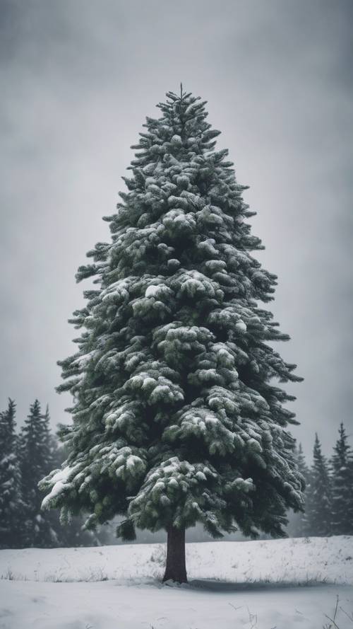 Eine üppig grüne Kiefer, bedeckt mit einer dicken Schicht frischen Schnees, ragt hoch vor einem wolkigen, grauen Winterhimmel empor.