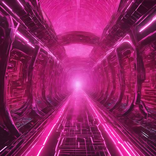 Rozległy różowy strumień danych przepływający przez cybernetyczny tunel, reprezentujący cyberpunkową atmosferę.
