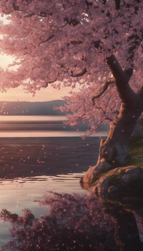 Un groupe de cerisiers en fleurs sombres entourant un lac calme au coucher du soleil.