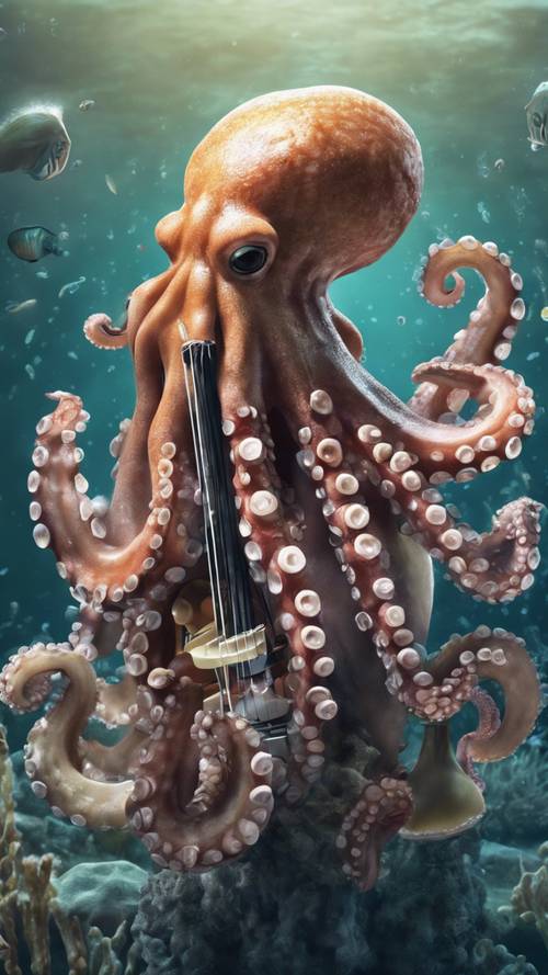 Eine lebendige Zeichnung eines Oktopus, der in einer Unterwasserband verschiedene Instrumente spielt.