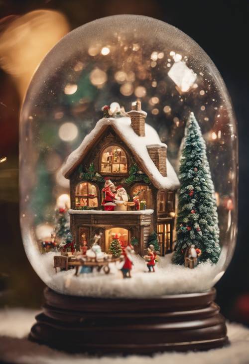 Una bola de nieve vintage que presenta un taller de Papá Noel en miniatura lleno de pequeños elfos ocupados trabajando.