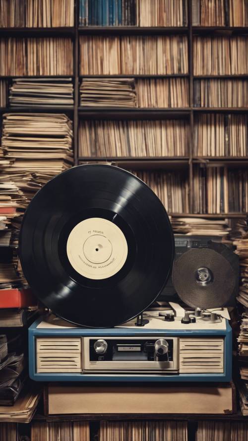 Ein Vintage-Plattenspieler aus den 70er Jahren, umgeben von gestapelten Vinyl-Schallplatten.