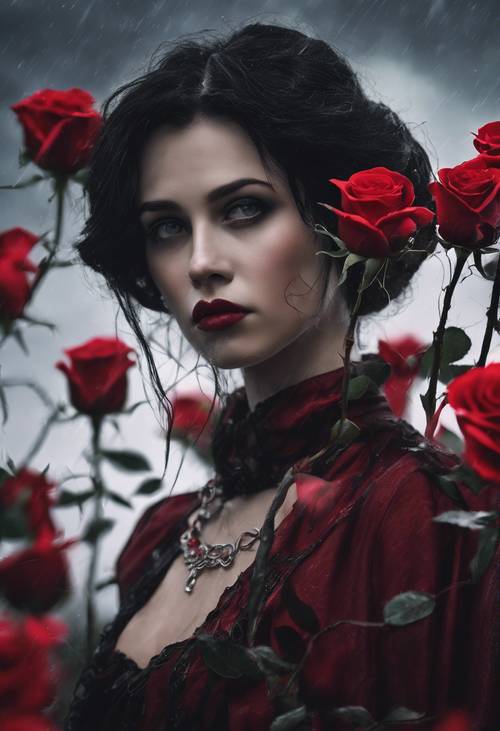 Ein Porträt einer grüblerischen Gothic-Heldin mit einer purpurnen Rose auf den Lippen vor dem Hintergrund einer stürmischen Nacht.