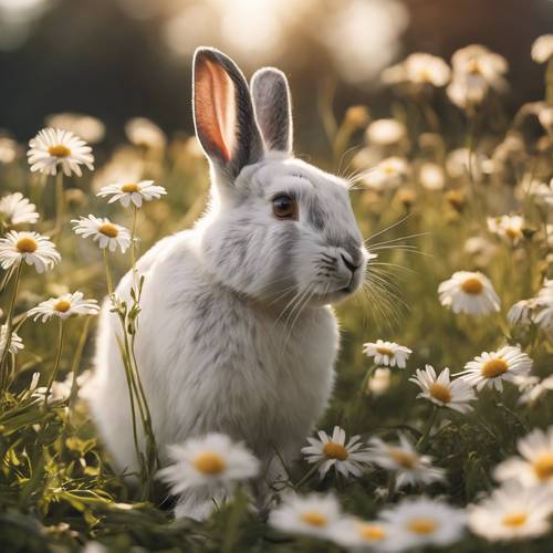Un coniglio che si pulisce con calma in mezzo a un campo di margherite illuminate dal sole.