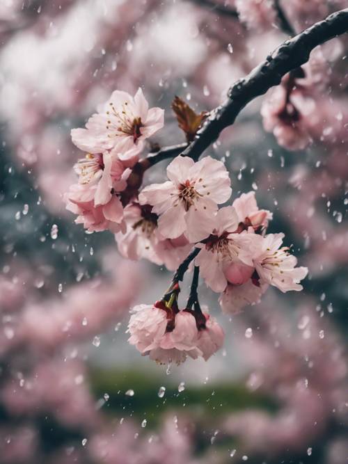 A gentle cherry blossom rain in the midst of a tranquil Japanese garden.