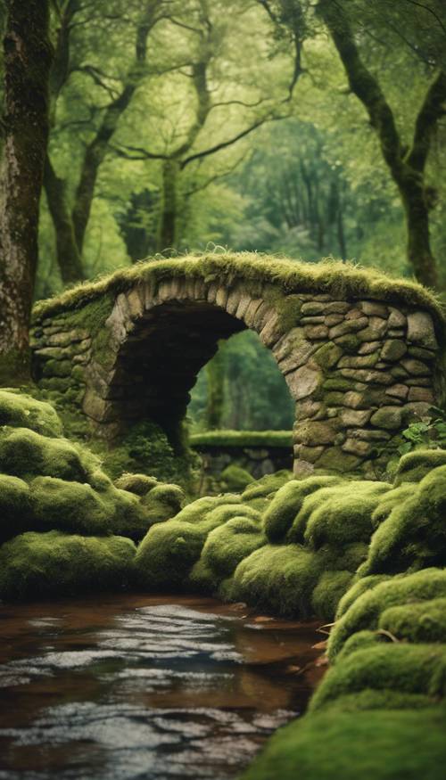 Büyüleyici bir ormandaki yosun kaplı eski bir taş köprü.