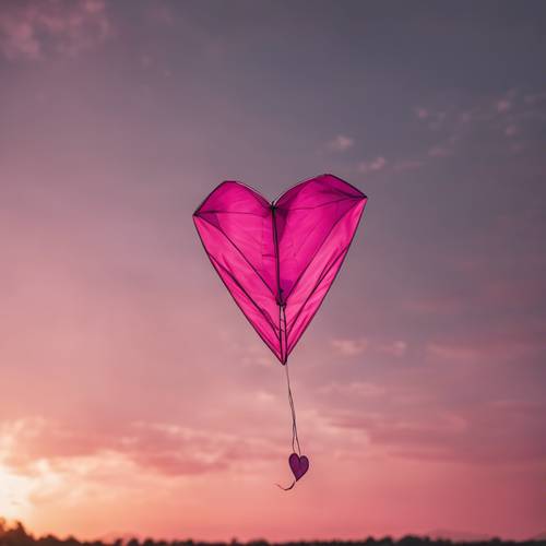 Uma pipa rosa escuro em forma de coração voando alto no céu ao pôr do sol. Papel de parede [23d62ef7b09743eea687]