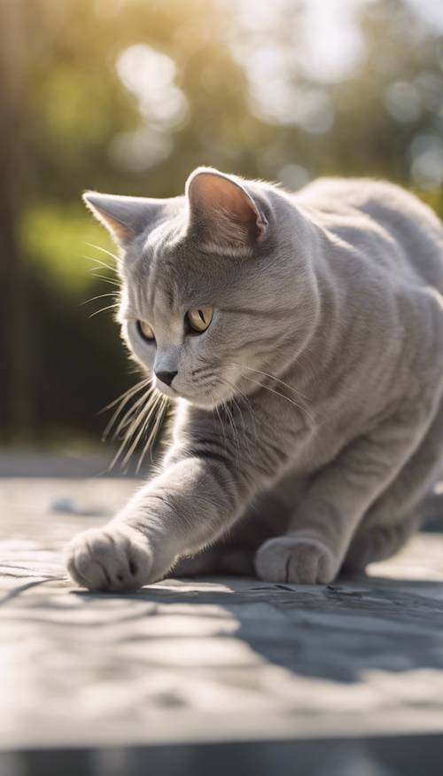 تخيل قطة بريطانية قصيرة الشعر تلعب بالرخام البارد في فترة ما بعد الظهيرة المشمسة