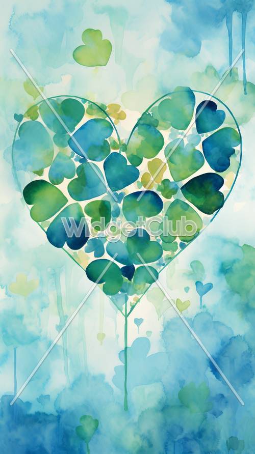 Desenho de coração em aquarela azul e verde