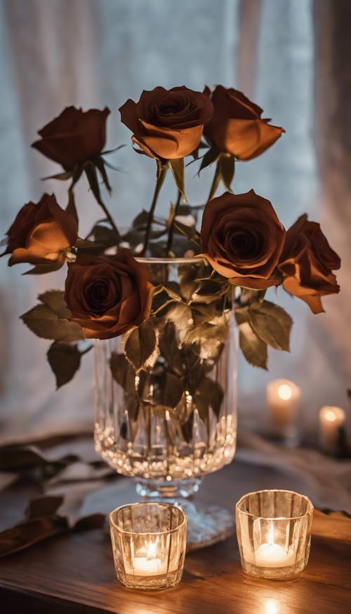 부드러운 촛불 아래 골동품 나무 테이블 위에 놓인 크리스탈 꽃병에 갈색 장미가 놓여 있습니다.