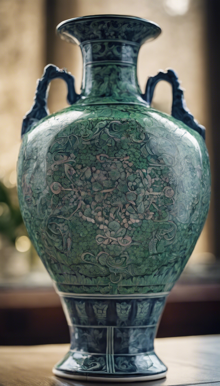 An antique blue and green porcelain vase with intricate designs. Tapeta[0616e3a21e7d46259a75]