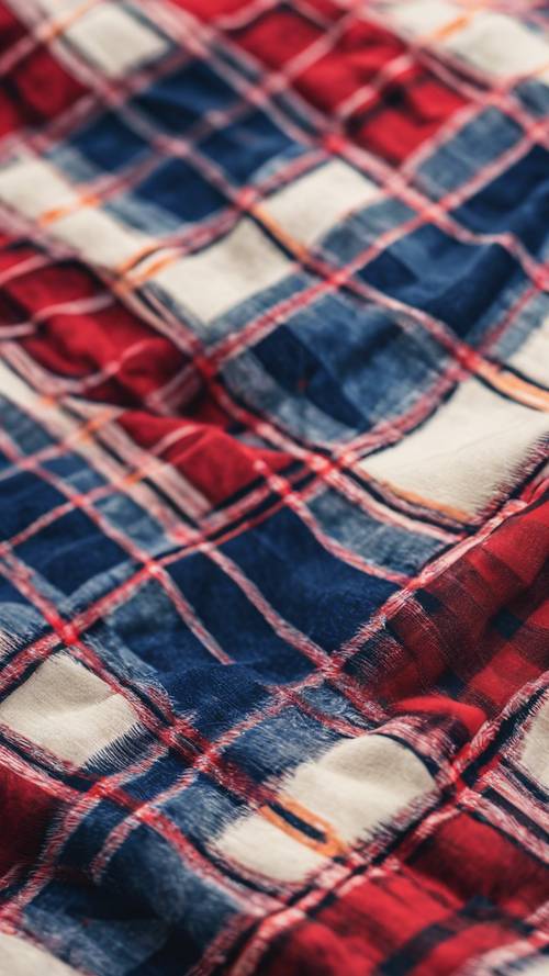 A red and blue plaid pattern on a picnic blanket.