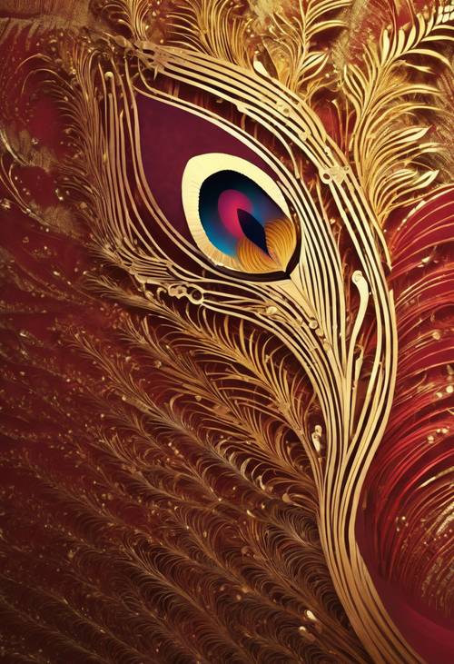 أنماط كسورية ذهبية مفصلة تشكل تصميم ذيل الطاووس على خلفية قرمزية دافئة.