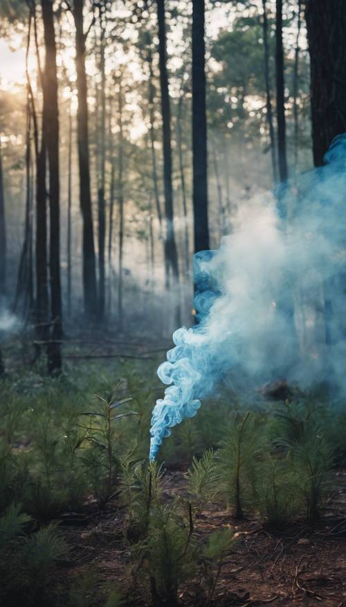 이른 아침 숲에서 피어오르는 푸른 연기.