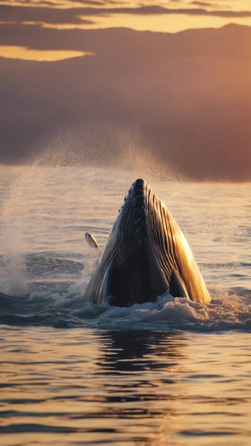 Una escena de una ballena joven aprendiendo a abrir brechas bajo la mirada alentadora de las ballenas mayores durante el amanecer.