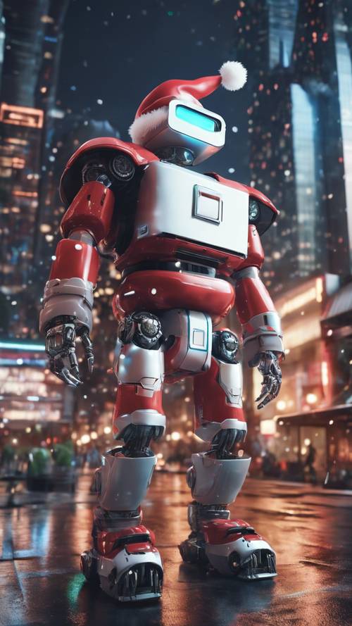 תמונה של רובוט סנטה קלאוס מעביר מתנות בנוף עירוני עתידני, בסגנון אנימה ייחודי.