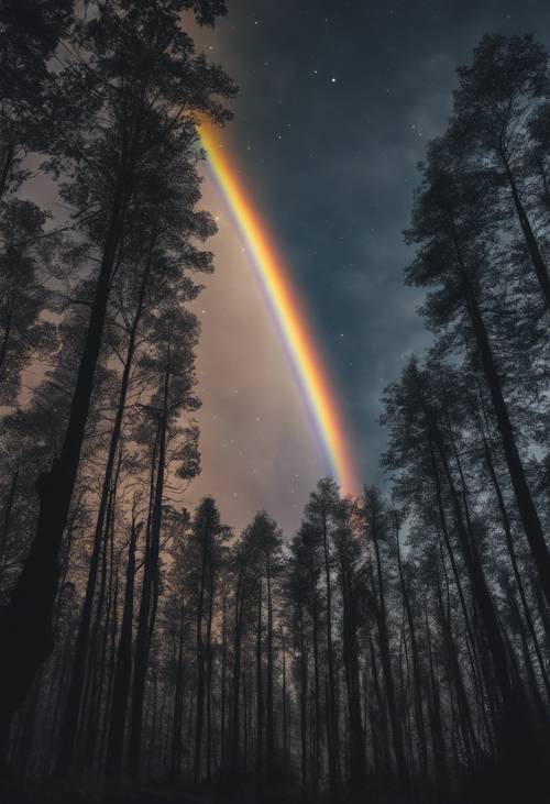 Schwarzer Regenbogen über einem ruhigen, mondbeschienenen Wald.