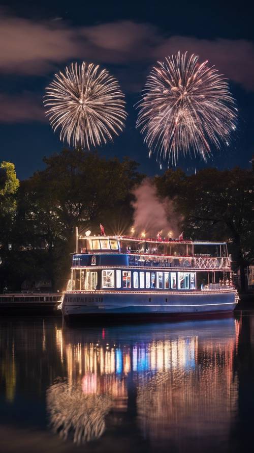 Fantazyjny, baśniowy obraz łodzi Detroit Princess na rzece Detroit z fajerwerkami rozświetlającymi nocne niebo.