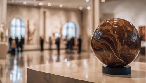 미술관에 전시된 곡선형 갈색 대리석 조각품입니다.