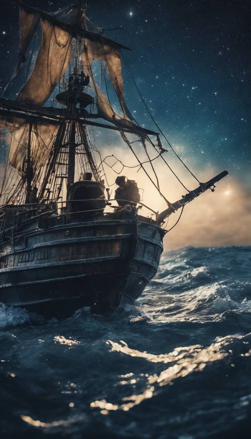 一位老水手在一顆明亮的深藍色星星的指引下駕駛他的船。