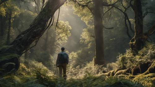 A silver iPhone 11 Pro Max guiding a lone traveler through an ancient forest