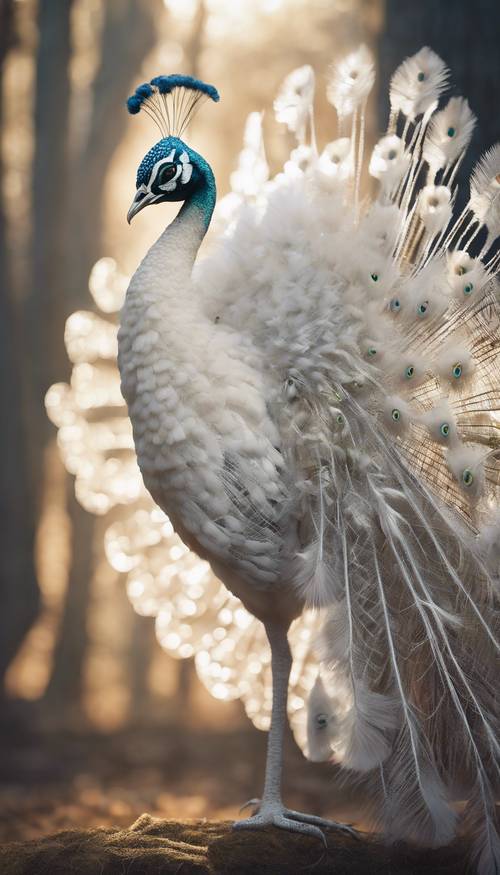 Ein majestätischer weißer Pfau mit einem atemberaubend langen Schwanz, der in einer ruhigen Waldatmosphäre im Mondlicht leuchtet.