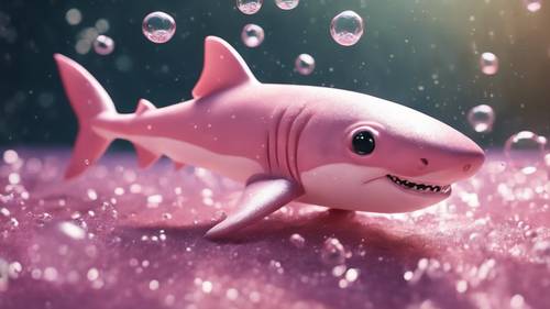 在风景如画的水下环境中，一只浅粉色的小鲨鱼有着闪闪发光的眼睛，周围环绕着气泡。