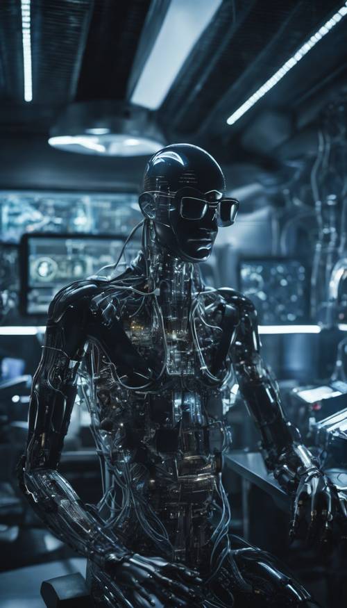 A man wired to a sophisticated machine in a clinical, futuristic room, revealing a dark side of technological advancement, similar to the Black Mirror themes.