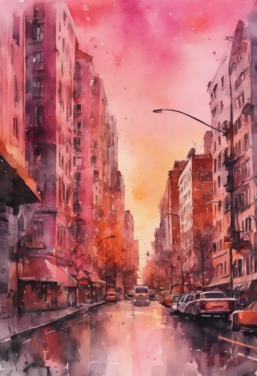 Un paysage urbain aquarelle au crépuscule, inondé de nuances de rose et d’orange