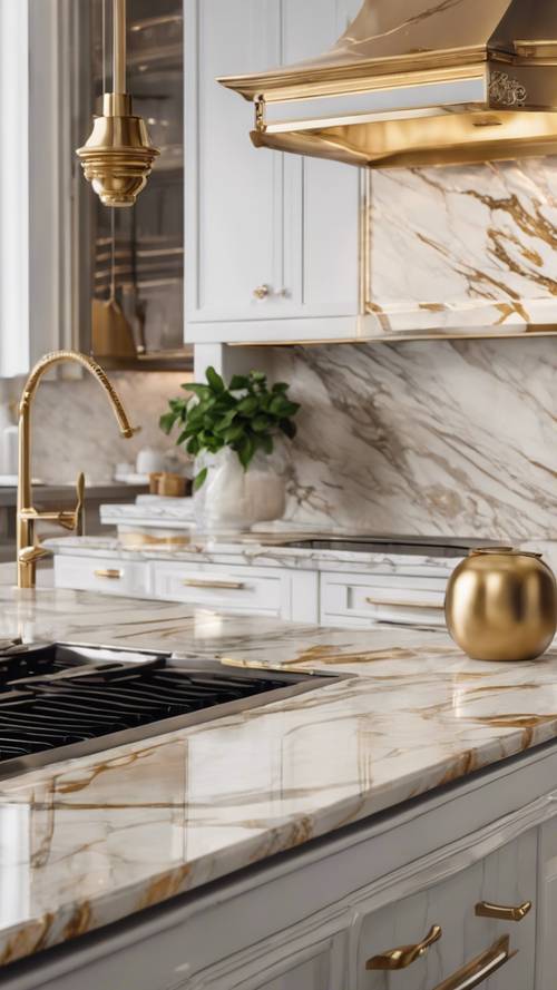 Ripiani in marmo dorato in una cucina di lusso con elettrodomestici in acciaio inossidabile