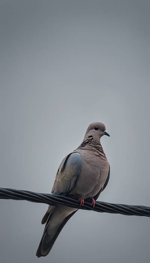 A single melancholic Dove in various shades of gray sitting alone on a wire against a gloomy winter sky.