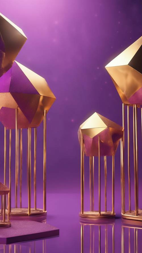 Three gold geometric structures floating in a dreamy purple space background.
