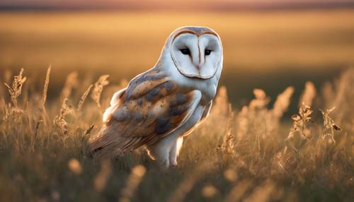A barn owl hunting in the golden light of a sunset meadow