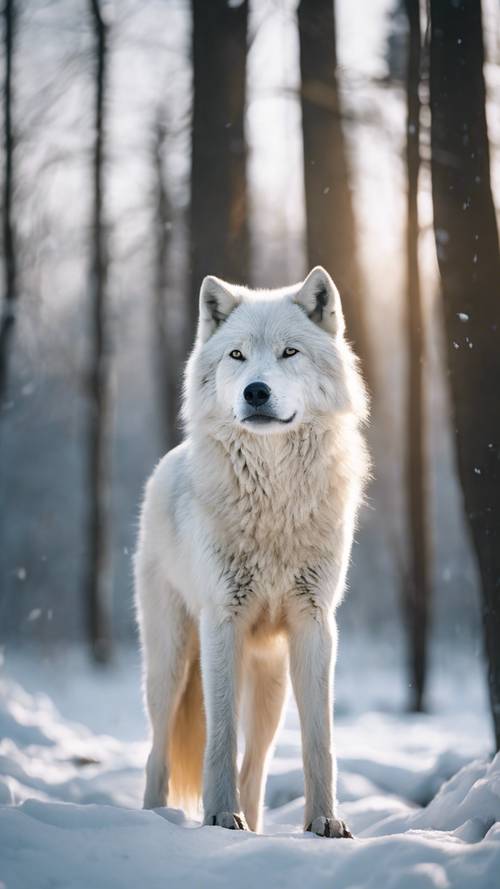 Serigala putih tampan berdiri di tengah hutan bersalju, nafasnya terlihat di udara dingin.