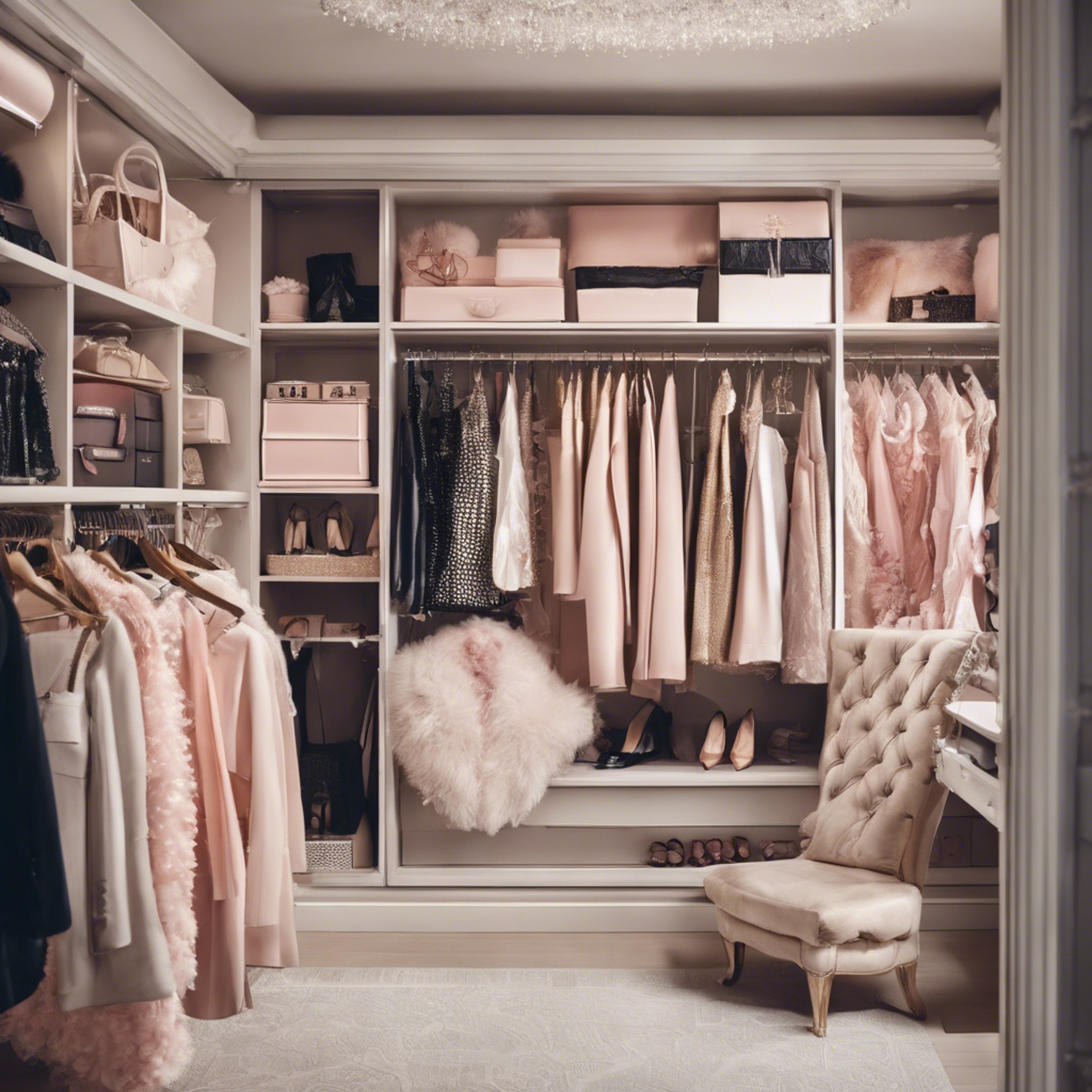 A chic and girly walk-in closet filled with French couture fashion and accessories.壁紙[8866e00bbc364656a394]