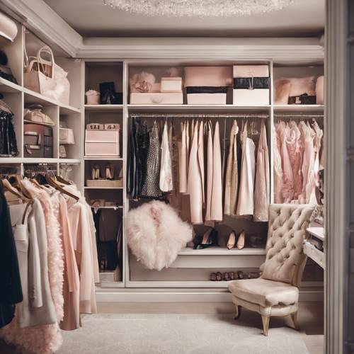 A chic and girly walk-in closet filled with French couture fashion and accessories.