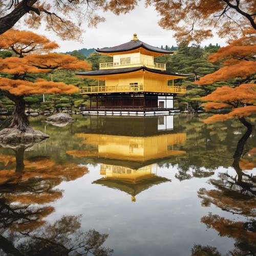 Jesienna scena Kinkaku-ji (Złoty Pawilon) odbita w lustrzanym stawie.