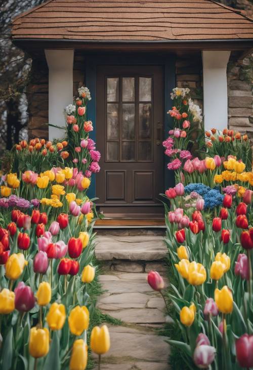 A beautiful cottage with an assortment of colorful tulips and daffodils leading up to the front door.