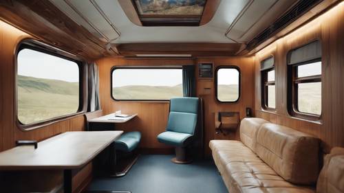 A train cabin converted to a compact mobile study, travelling through scenic landscapes. Tapeta [fb5322e88be64e689ff8]