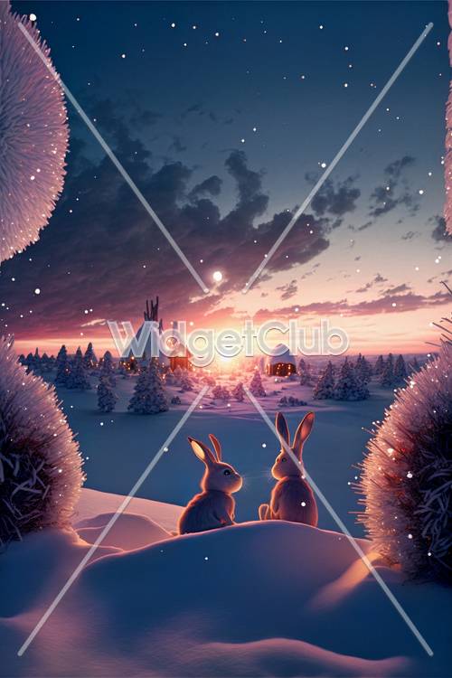 Magical Winter Sunset with Rabbits