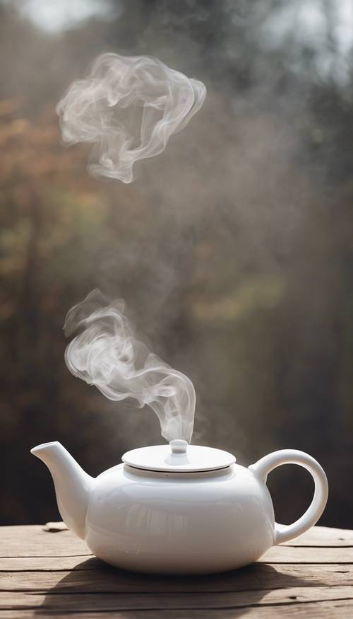 Eine weiße Teekanne auf einem rustikalen Tisch, aus der weiße Rauchwolken emporsteigen.
