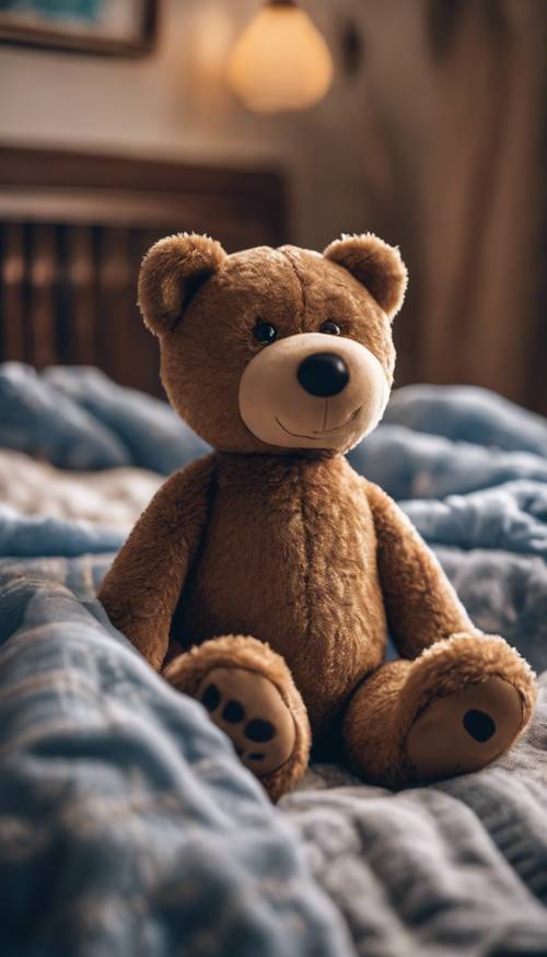 Một chú gấu bông màu nâu cỡ lớn hơn đang ngồi trên giường trẻ em với chiếc chăn màu xanh.