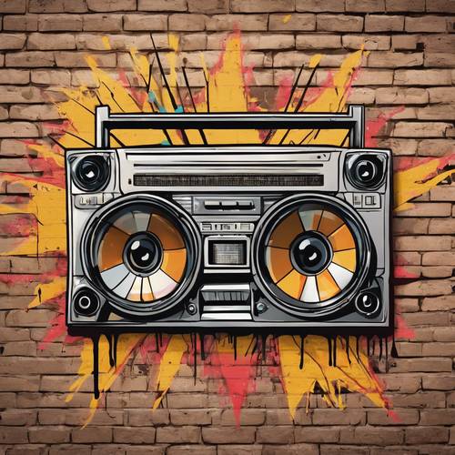 A soaring graffiti illustration of a retro star fitted with a boombox, designed on a brick wall. Tapeta [b7958e7fcf4d4eb1849b]